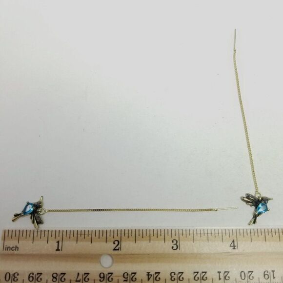 Vintage Hummingbird Threader Chain Earrings, Blue Rhinestone Gold Tone Chain - Picture 4 of 5